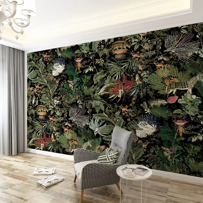 Vintage Black-Ground Tropical Botanical Dye Inkjet-Print Feature Wallpaper
